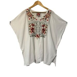 Johnny Was Los Angeles White Floral Embroidered V Neck Caftan Tunic Top Small‎
